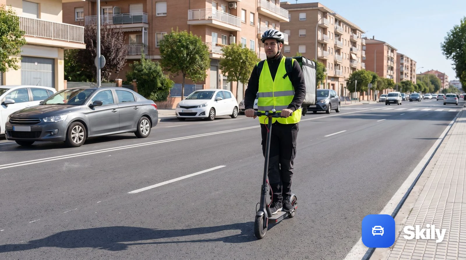 Un repartidor trabaja con un patinete eléctrico. ¿Cuándo debe llevar chaleco reflectante de alta visibilidad?