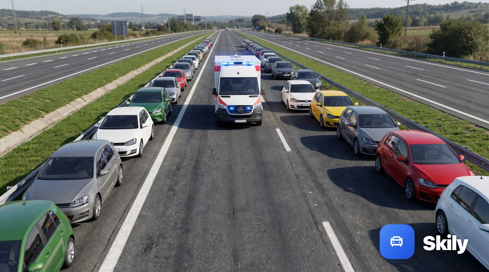 Автомагистраль, три полосы в каждую сторону, движение стоит. Вы в средней полосе. Куда нужно сместиться?