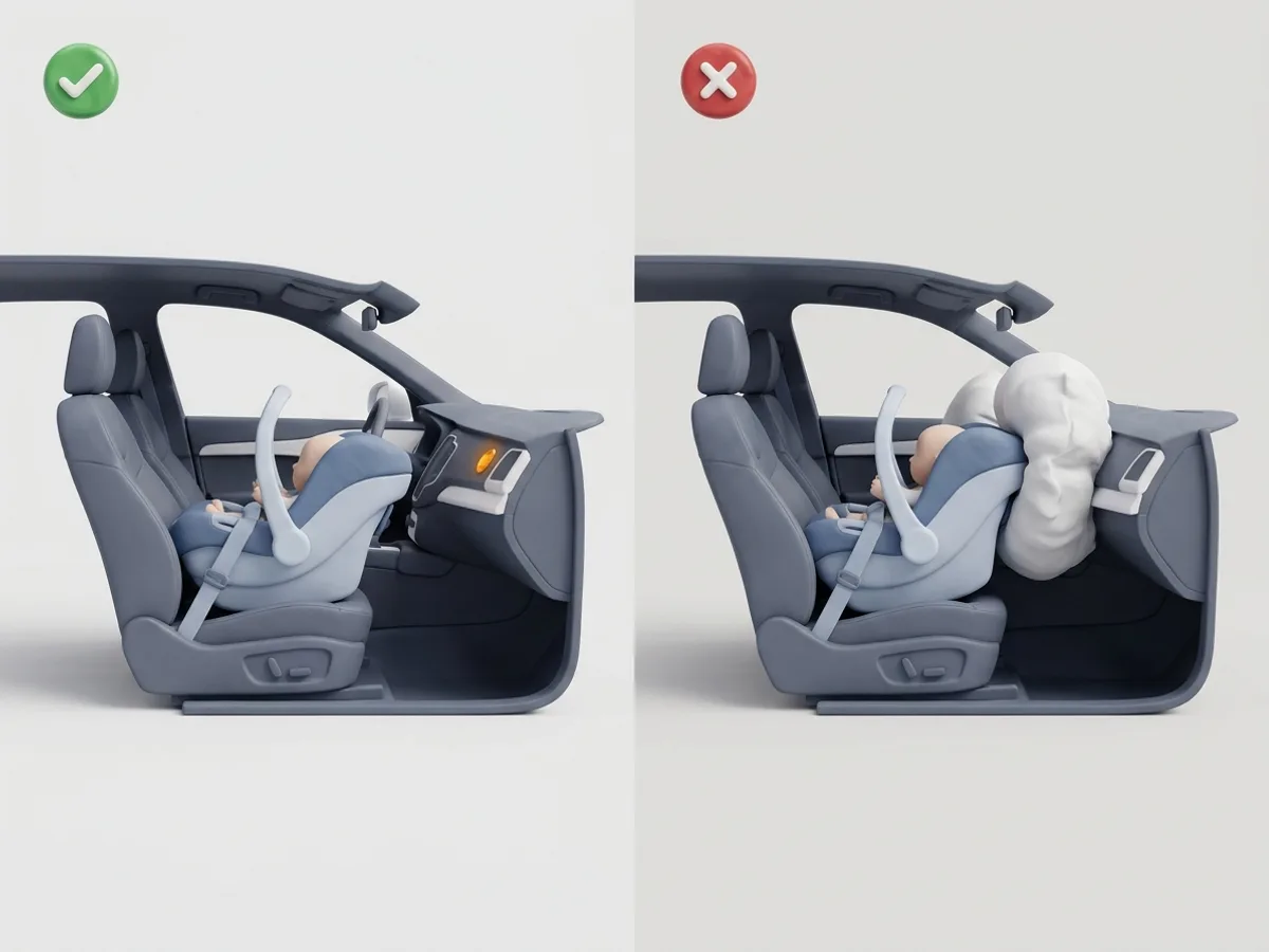 Silla a contramarcha delante: con el airbag frontal desactivado (testigo encendido), bien. Con el airbag activo, al desplegarse golpea la silla justo a la altura de la cabeza.