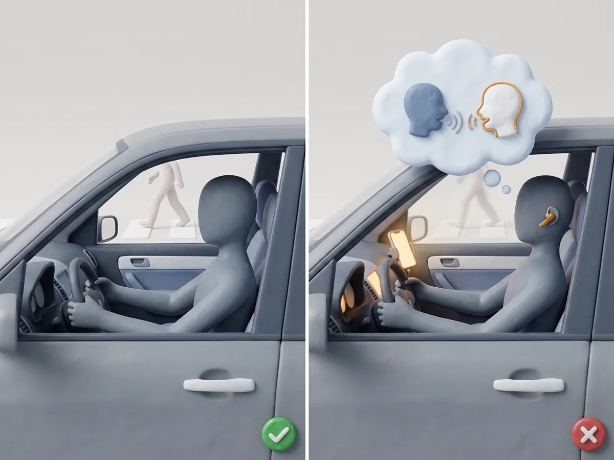 Las manos están en el volante, pero la cabeza está en la conversación: el peatón que cruza pasa desapercibido.