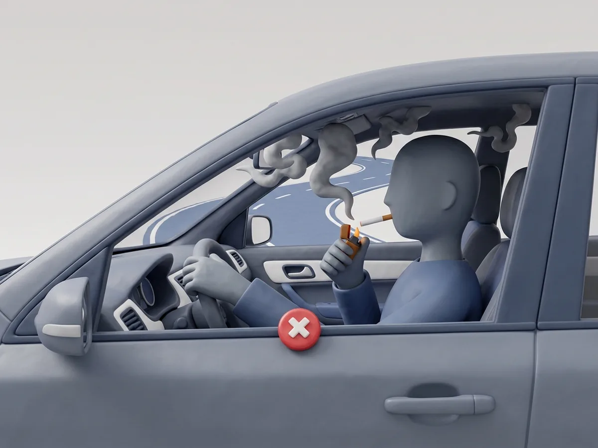 Una mano en el mechero, la vista en el cigarro y el humo en el coche: mientras tanto, el coche se va hacia el borde.