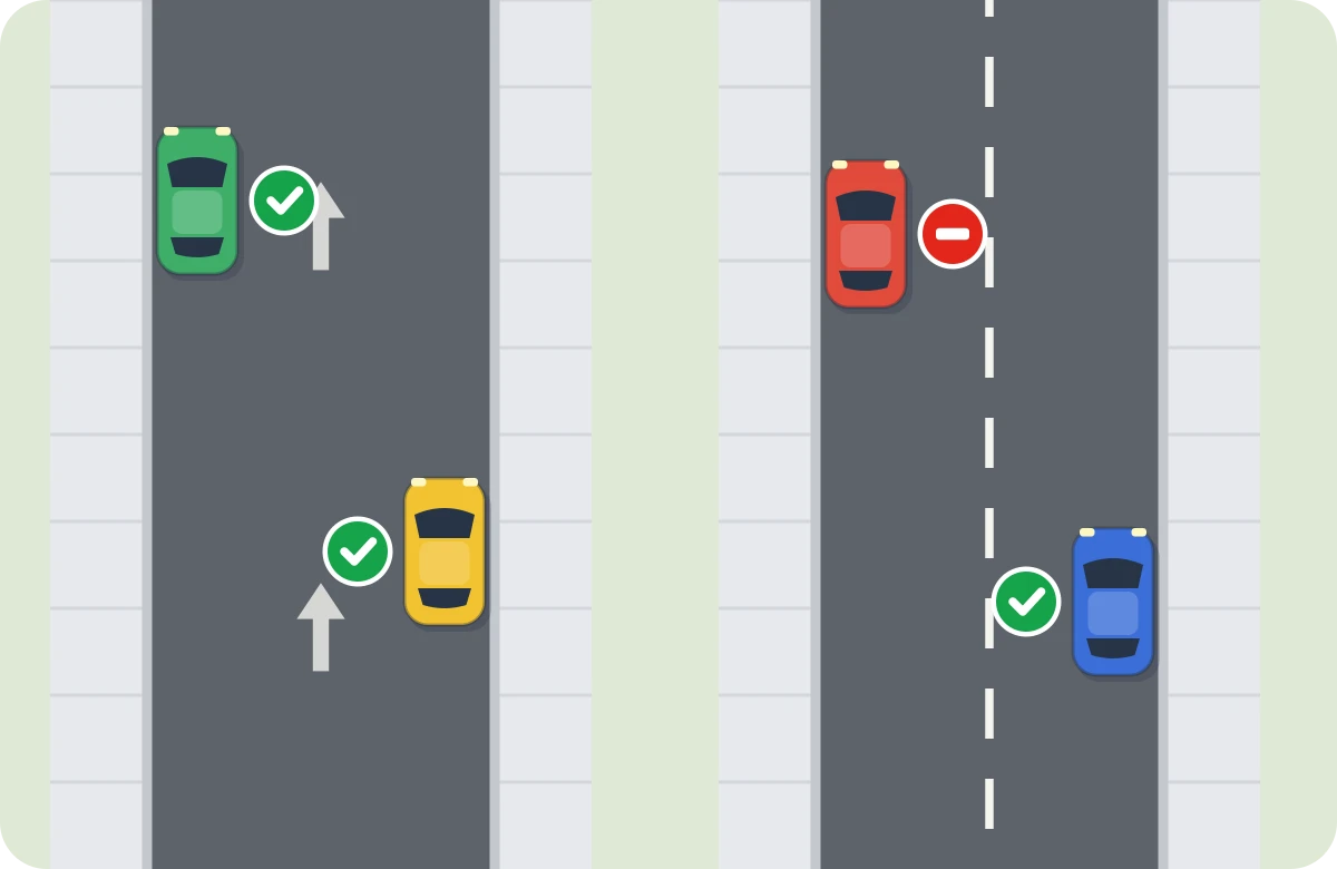 A la izquierda, calle de sentido único: se puede estacionar a los dos lados. A la derecha, doble sentido: solo en el lado derecho de tu sentido; el rojo está mal.