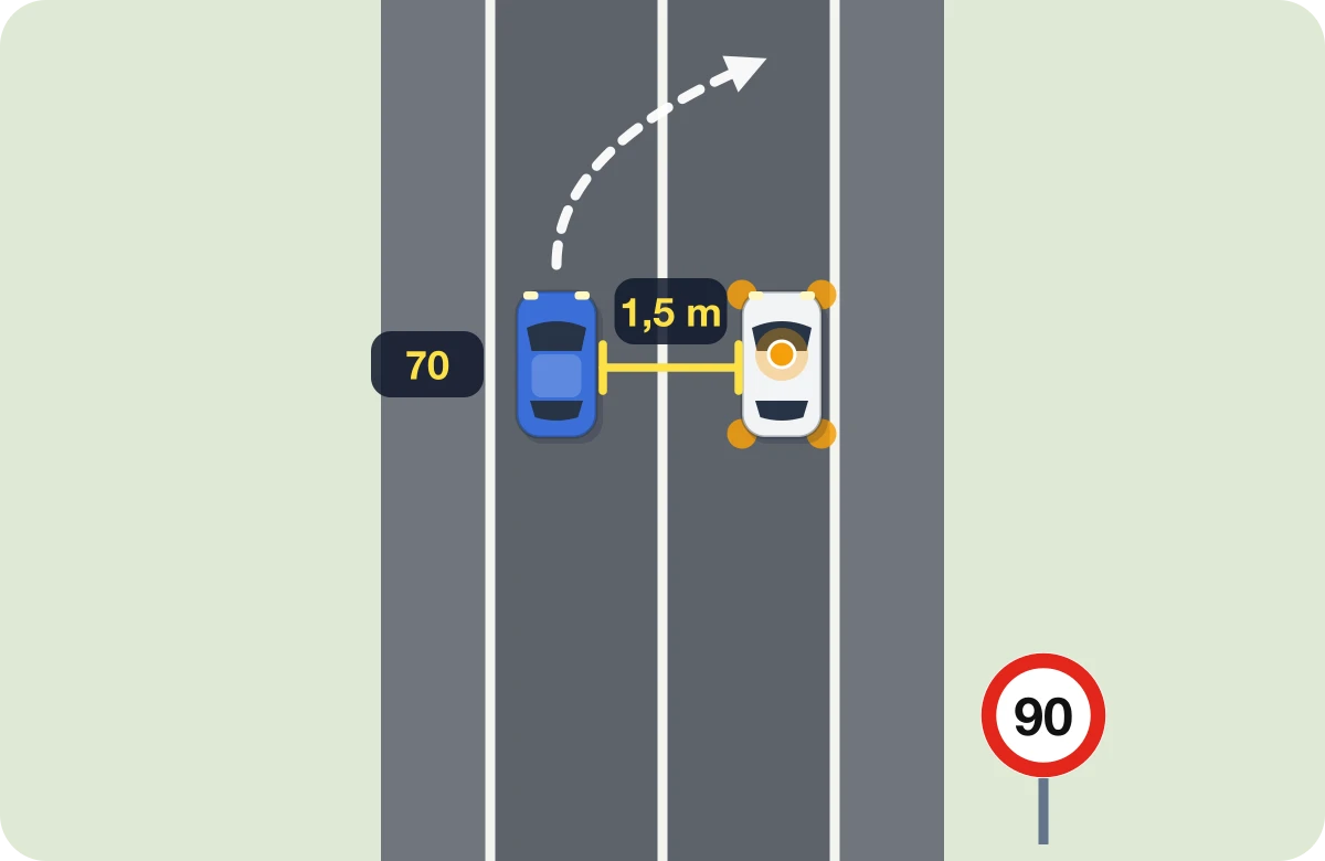 Coche averiado con la V-16 en una vía de 90: el azul lo rebasa por el otro carril, con 1,5 m de separación y a 70 como máximo.