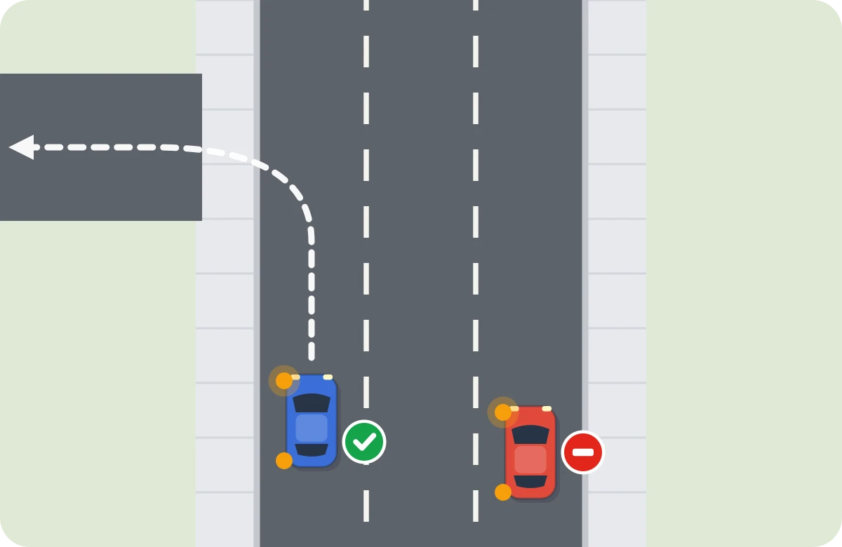 En una calle de sentido único, para girar a la izquierda el coche se pega al borde izquierdo. El rojo intenta girar desde el carril derecho: mal.