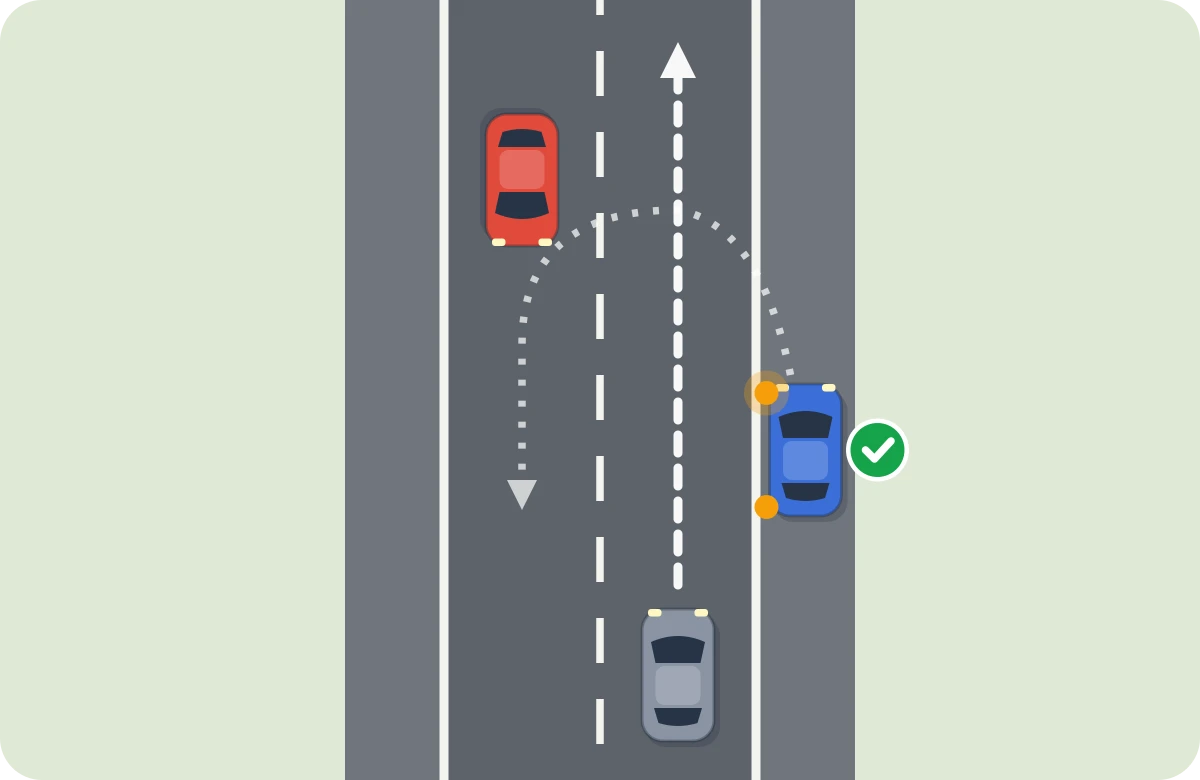 Carretera estrecha: el azul se aparta al arcén derecho con el intermitente y espera a que no venga nadie para cambiar de sentido.