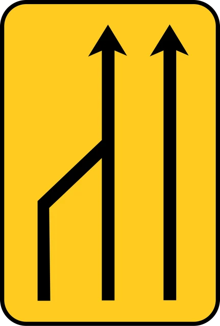 Left lane closes ahead (from 3 lanes to 2, roadworks)