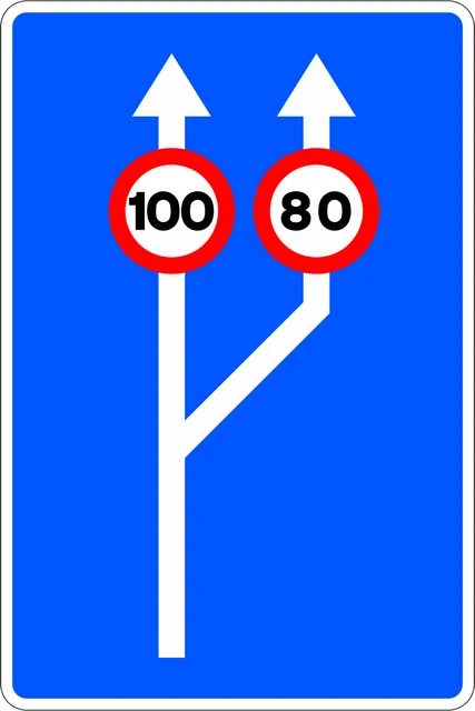 Road widens from one to two lanes with lane speed limits