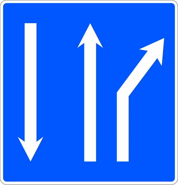 Lane bifurcation to the right on a two-way carriageway with two lanes ahead and one oncoming