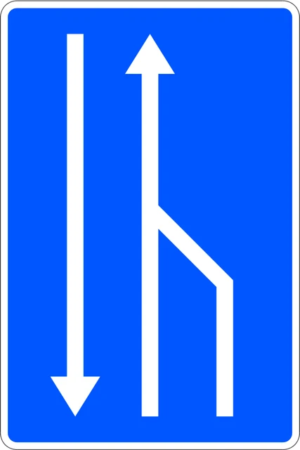 Lane ends ahead (left lane closes on two-way road)