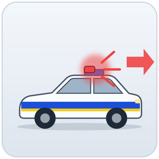 Luz roja intermitente o destellante hacia delante. El coche de policía va detrás de ti: debes detenerte a la derecha, DELANTE del vehículo policial, en un sitio donde no molestes, y seguir sus instrucciones por megafonía.